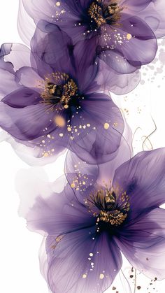 three purple flowers with gold accents on them