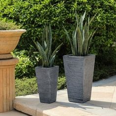 two planters sitting next to each other on a sidewalk