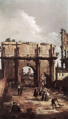 a painting of people and animals in front of an arch