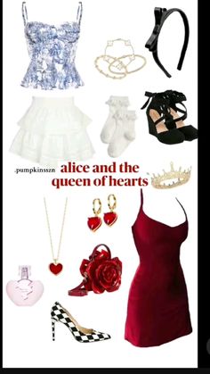 an advertisement for alice and the queen of hearts, including shoes, necklaces, bracelets