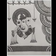 a drawing of lord ganesha on white paper with black and white circles around it