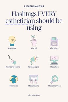 2024 Esthatician hashtags, esthatician marketing Hashtags For Estheticians, How To Get More Clients Esthetician, Esthetician Social Media Ideas, Esthetician Hashtags, Instagram Names For Estheticians, Esthetician School Tips, Esthetics Post Ideas, Esthetician Instagram Name, Travel Esthetician