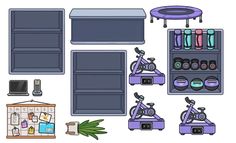 the shelves are filled with different items in purple and blue colors, including microscopes