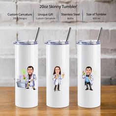 three personalized stainless steel tumblers with the same image as their names on them