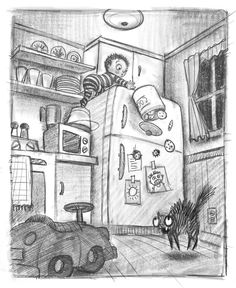 a black and white drawing of a boy in the kitchen with his car parked next to him