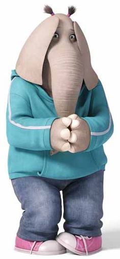 an elephant in a blue shirt and jeans standing with his hands on his hips while looking at the camera