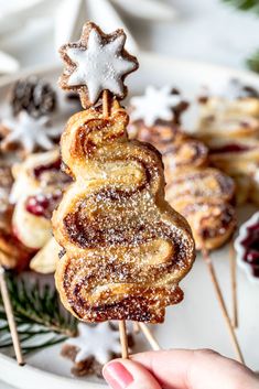 a person is holding some food on a stick with snowflakes and pine cones