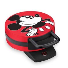 a red and black mickey mouse lunch box