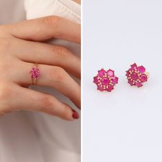 "This 14k Gold Ruby Hexagon Flower Ring will look great on you no matter what you wear! Thanks to its dainty and minimalist design, you'll never want to take it off once you wear! Treat yourself with such beautiful ring as well as being protected by the incredible benefits of Ruby gemstone! ‣ Please choose \".... US (your ring size) + Earrings\" option from variations if you want to purchase as a ring and earrings set. If you choose only ring size, you will only recieve the ring, not the earrings. 14k Gold Ruby Necklace: https://www.etsy.com/listing/979817179 14k Gold Ruby Earrings: https://www.etsy.com/listing/1315780573 ◖ A B O U T ◗ Ruby is a gemstone with striking appearance, strong metaphysical properties and benefits almost all individuals. However, astrologers recommend it mostly to Dainty Cluster Ring As A Gift, Dainty Cluster Ring Gift, Pink Cluster Gemstone Jewelry, Pink Cluster Ring For Gifts, Flower Shaped Birthstone Jewelry For Wedding, Flower Shaped Ruby Ring As A Gift, Pink Cluster Jewelry For Wedding, Pink Ruby Flower-shaped Jewelry, Dainty Cluster Jewelry For Gifts