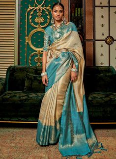 Shop Latest Indian Designer Saree - HATKAY Sky Blue Saree, Blue Color Saree, Thread Tassels, Kanjivaram Silk Saree, Indian Sarees Online, Sky Blue Color, Lehenga Choli Online, Weaving Designs, Blue Saree