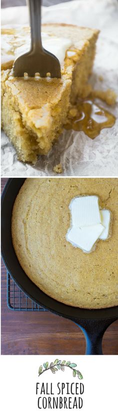 cornbread cake being baked in a cast iron skillet and then topped with icing