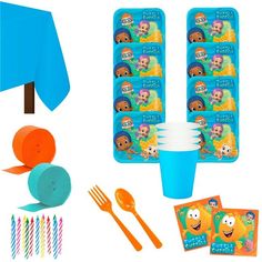 children's birthday party supplies including plates, napkins and cups with characters on them