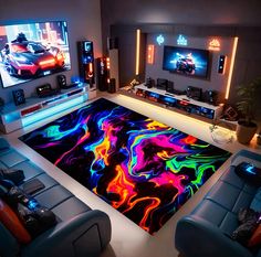 a living room with two couches and a rug on the floor in front of televisions