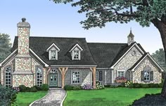 Stone accents, rustic front porch and a patio in the back dress up this charming country home plan. The enormous great room boasts a vaulted ceiling and fireplace flanked by windows. A bumpout adds character to this room. French doors lead to the kitchen and breakfast area. Take your coffee outside on the rear covered patio. More formal meals are perfect for the formal dining room which can alternatively be used as a study. The master bedroom has a vaulted ceiling from 9'-11'. A door gives ...