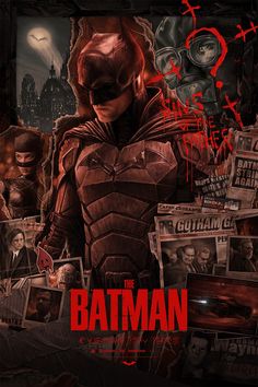 the batman movie poster is shown with many pictures and words on it's side