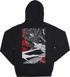 the back of a black hoodie with an image of a demonic creature on it