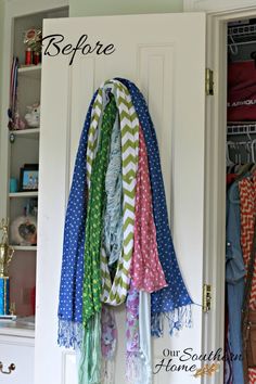 an open closet door with colorful scarves hanging from it's hooks and the words before