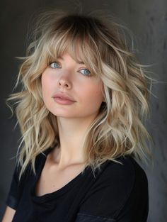 Chic Medium Haircuts with Bangs: Trendy Styles for Every Hair Type Shaggy Balayage Hair, Pin Up Bangs, 2024 Haircut, Medium Haircuts With Bangs, Hair For Round Face Shape, Straight Across Bangs, Lob With Bangs, Mom Hair, Womens Haircuts Medium