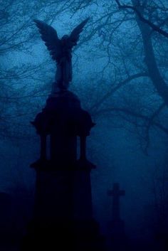 an angel statue in the middle of a cemetery at night with fog on the ground