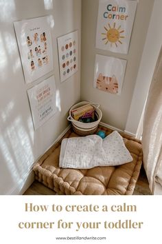 a child's room with pictures on the wall and a dog bed in the corner