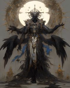 an image of a fantasy creature with wings on it's head and arms, standing in front of a full moon