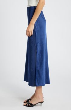 Crafted of recycled-blend textural satin, this maxi slip skirt is cut on the bias for a perfect drape and has a supercomfy elastic waist. 36 1/2" center front length (size 8) Concealed-elastic waist Side slits Unlined 52% recycled polyester, 48% polyester Machine wash, tumble dry Imported Maxi Slip Skirt, Slip Skirt, Satin Maxi, Cobalt, Madewell, Elastic Waist, Nordstrom, Size 6, Satin