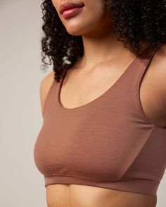 model-spec:Jazzmine's bust is 35.75" Scoop Neck Top With Built-in Bra, Loungewear Seamless Scoop Neck Bra, Modal Scoop Neck Top With Built-in Bra, Yoga Activewear With Built-in Bra And Scoop Neck, Brown Fitted Top With Built-in Bra, Capsule Wardrobe Dresses, Light Activities, Mocha Brown, Fabric Shop