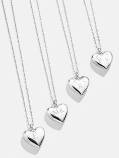 Orders placed between 11/27 - 12/4 will ship between 12/26 - 1/2/25.Design a special memento to represent those closest to your heart. The Puffy Heart Sterling Silver Custom Pendant Necklace features a three-dimensional heart charm with the option to add 1-4 engraved letters of your choosing. Add the initials of each of the members of your family, you and a few loved ones, or even just your own - the options are endless. Better yet, this piece is crafted with sterling silver, meaning it'll last Heart Cut Locket Necklace With Heart Charm For Anniversary, Anniversary Heart Cut Locket Necklace With Heart Charm, Valentine's Day Heart Charm Locket Necklace For Anniversary, Valentine's Day Heart Cut Locket Necklace With Heart Charm, Mother's Day Heart Cut Locket Necklace With Heart Charm, Valentine's Day Heart Shaped Locket Necklace With Charm, Valentine's Day Gift Charm Necklaces, Heart Shaped Keepsake Charms Jewelry, Heart-shaped Keepsake Jewelry With Charms