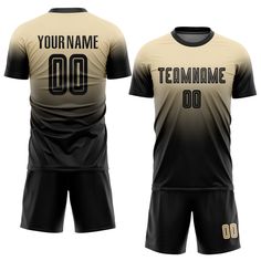 Custom Soccer Uniforms - Custom Cream Black Sublimation Fade Fashion Soccer Uniform Jersey Black Sublimation Design For Team Spirit Customization, Customizable Black Sports T-shirt, Customizable Black Jersey T-shirt, Black Customizable T-shirt For Team Spirit, Customizable Black T-shirt For Sports Events, Customizable Black T-shirt For Sports, Black Custom Print T-shirt For Football Season, Customizable Black T-shirt For Football Season, Customizable Black T-shirt With Team Spirit Style