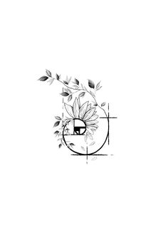 a black and white drawing of a flower with the letter d in it's center