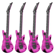 three pink guitars are lined up in the shape of guitar heads with palm trees on them