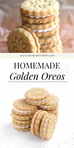 homemade golden oreos cookies stacked on top of each other with the words, homemade golden oreos