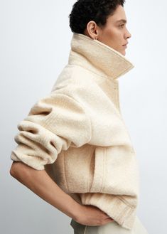 Oversized bomber jacket - Women | MANGO USA Versatile Funnel Neck Outerwear For Fall, Chic Funnel Neck Outerwear For Work, Versatile Funnel Neck Fall Outerwear, Oversized Outerwear With Ribbed Collar And Funnel Neck, Chic Beige Outerwear With Ribbed Cuffs, Beige Fall Outerwear With Zip Cuffs, Mango Women, Casual Travel Outfit, Cream Jacket