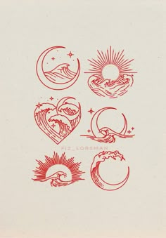 four different types of heart shapes on a piece of paper with the sun and moon above them