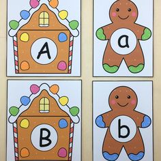 four gingerbread themed cards with the letters a, b, and c