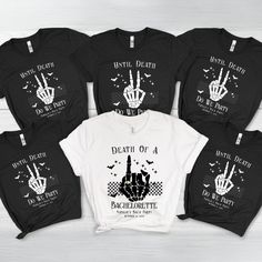 Make your bachelorette party unforgettable with our "Personalized Death Of A Bachelorette" Bridal Party Tri-Blend Shirt. Perfect for a Halloween-themed celebration, this shirt captures the dark, edgy vibe with its "Bride or Die" theme. Whether you're planning a "Till Death Do We Party" night or a witchy bachelorette bash, this shirt is the ultimate way to bring a spooky and stylish touch to your bridal festivities.  Crafted from a premium tri-blend fabric, this shirt offers a soft and comfortable fit that’s perfect for a night of celebration. The black and white design adds a gothic flair, making it ideal for a fall wedding or any bride who loves a bit of Halloween spirit. It’s more than just a party shirt—it’s a keepsake that captures the essence of your unique bridal journey, blending hu Bachelorette Black Outfit Night, Bachelorette Party Matching Outfits, Bride Squad Shirts, Bachelorette Party Unique, 2026 Wedding, Edgy Bridal, Dark Wedding Theme