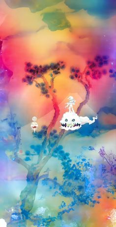 an artistic painting with trees and animals in the sky, on top of a colorful background