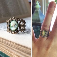 Victorian style antiqued brass filigree ring which is fully adjustable.At its center is a green and white womans profile cameo.If you'd rather this ring in antiqued silver or another cameo color you can select that option at checkout. Womans Profile, Green Lady, Brass Filigree, Cameo Ring, Filigree Ring, Victorian Style, Bits And Bobs, Victorian Fashion, Green And White