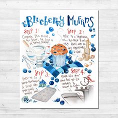 a blueberry muffin recipe poster on a white wall