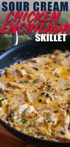 chicken enchilada skillet with sour cream sauce on the side and text overlay