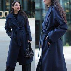 "SCARLETT coat is created in ONE size and cut of super oversized silhouette. Extravagant coat looks very stylish and feels super warm thanks to the composition of natural wool. It has a super loose silhouette, loose long sleeves with adjustable length and huge pockets. As well as it is supplemented with a removable belt. SCARLETT coat is made of 100% natural wool fabric. ONE SIZE COAT Coat length: 112cm., 44\" Bust: 130cm., 51.2\" Waist: 130cm., 51.2\" Hips: 130cm., 51.2\" Sleeve width: 50cm, 19 Navy Blue Wool Coat, Blue Wool Coat Outfit, Dark Blue Coat Outfit, Long Blue Coat, Navy Jacket Women, Blue Coat Outfit, Winter Office Outfit, Wool Coat Outfit, Cashmere Coat Women