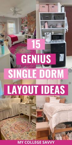 the inside of a bedroom with pink carpet and lots of furniture in it that says genius single dorm layout ideas my college savvy