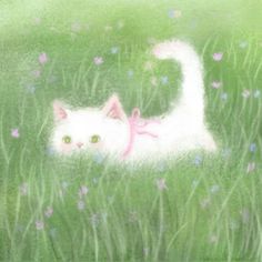 a painting of a white cat laying in the grass with pink bow on it's neck