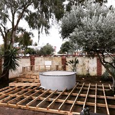 an unfinished pool surrounded by trees in the middle of a yard with wooden pallets