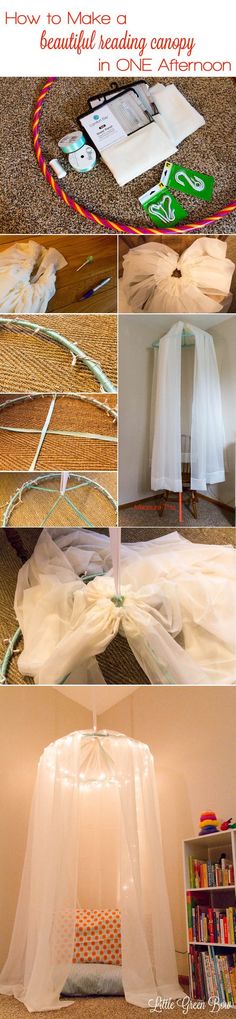 there are pictures of how to make a bed canopy with tulle and ribbon on it