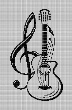 a black and white cross stitch pattern with an acoustic guitar, treble and music notes