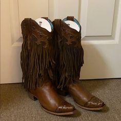 Lad Sierra Tan With Fringe & Studs. I Wore A Couple Of Times, Some Minor Scratches. Love The Boots But They Are Too Big For Me. Shoes Heels Boots, Cowboy Boots, Shoes Women Heels, Heeled Boots, A Couple, Cowboy, Shoes Heels, Size 7, Women Shoes