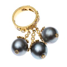 Affinity Ring Set in 20 Karat Yellow Gold with Three Hanging Tahitian Gray Pearls and Diamonds. 1.74cts diamonds 56.55cts Tahitian gray pearls 20K yellow gold Luxury Tahitian Pearl Jewelry, Luxury Yellow Gold Tahitian Pearl Ring, Luxury Tahitian Pearl Ring In Yellow Gold, Luxury Tahitian Pearl Ring With Diamond Accents, Pearls Ring, Ancient Roman Glass, Stacking Ring Set, Bezel Set Diamond, Hoop Earring Sets