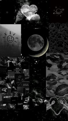 black and white collage with various images in the middle, including an image of a moon