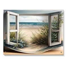 an open window on the beach with grass and flowers